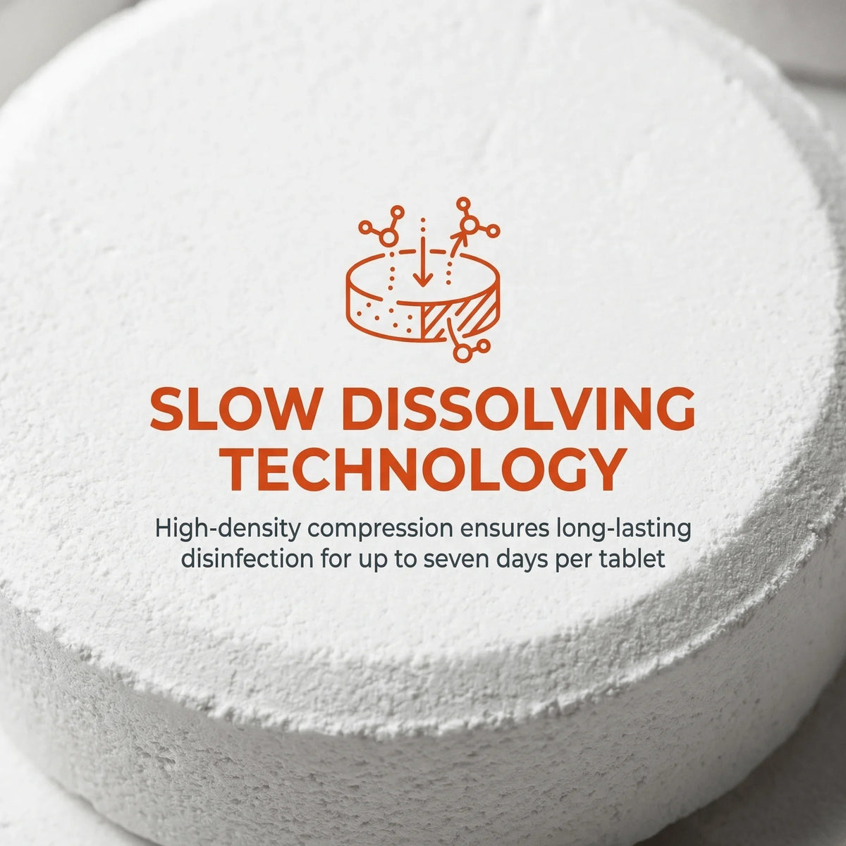 A close-up of a white pool chlorine tablet with a diagram illustrating slow-dissolving technology.