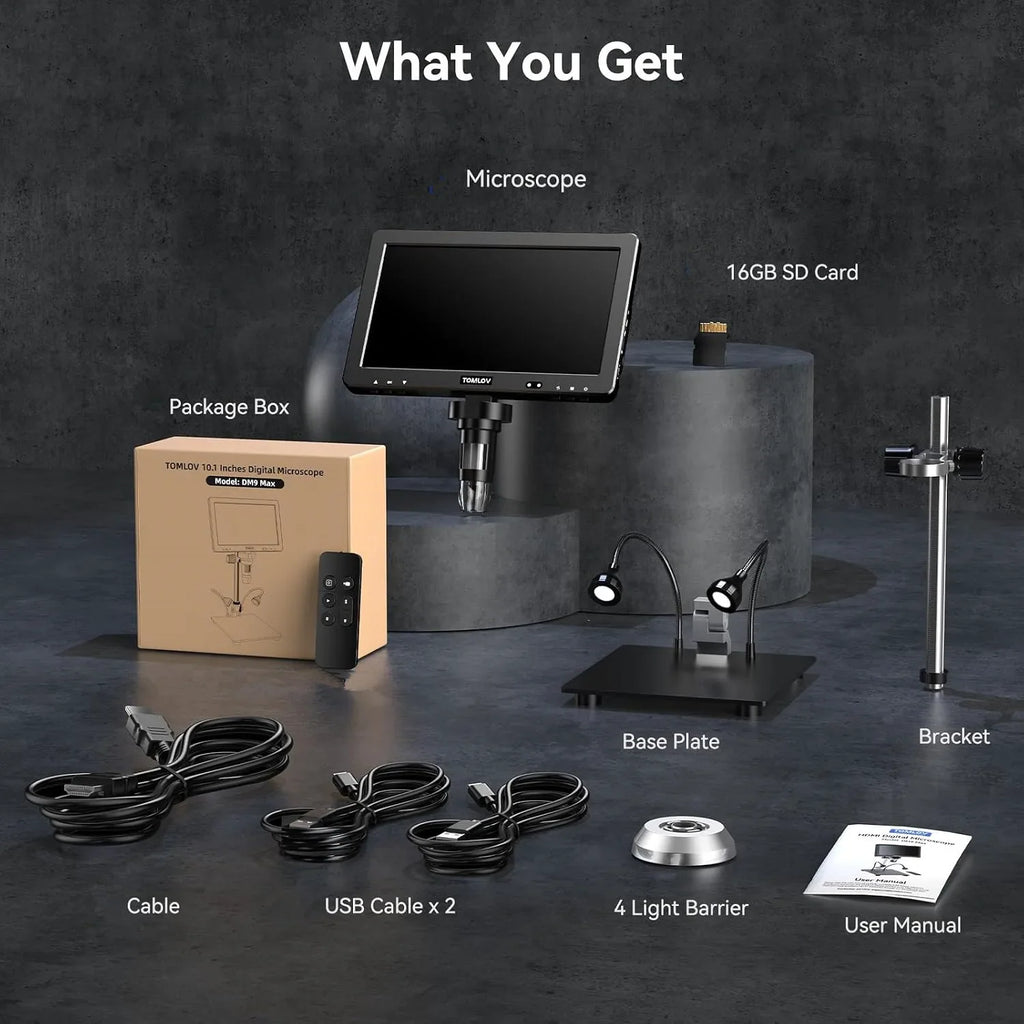 Package contents of the digital microscope kit including cables, stand, and user manual