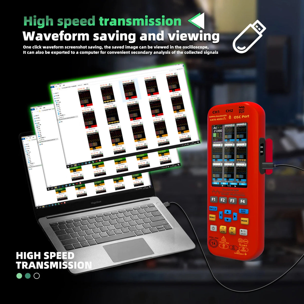 Handheld digital oscilloscope connected to a laptop for waveform data transmission
