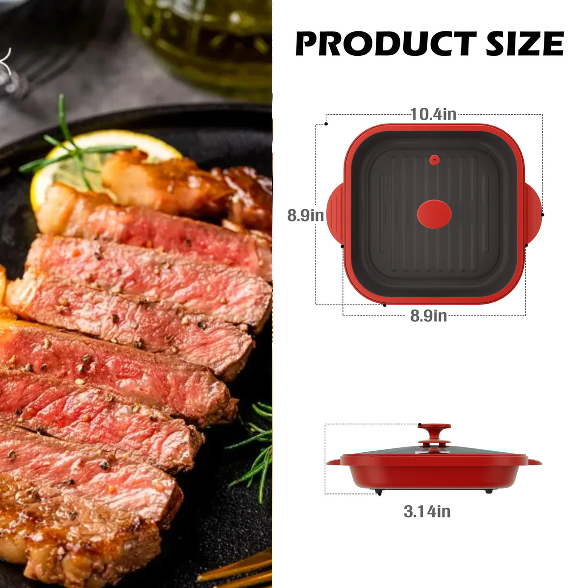 Product dimensions diagram for a red square microwave grill pan