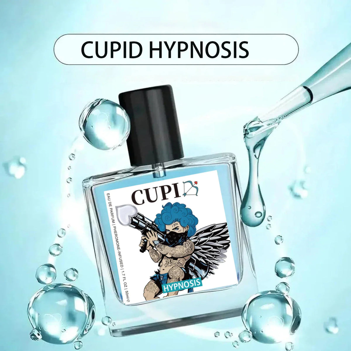 A bottle of men's pheromone perfume surrounded by floating water bubbles.