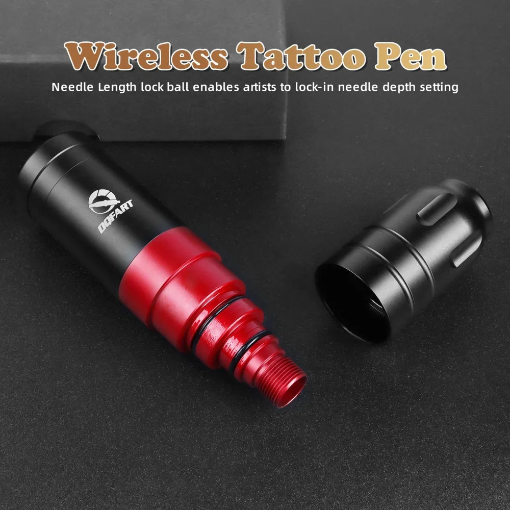 Disassembled wireless tattoo pen showing needle length lock ball mechanism.