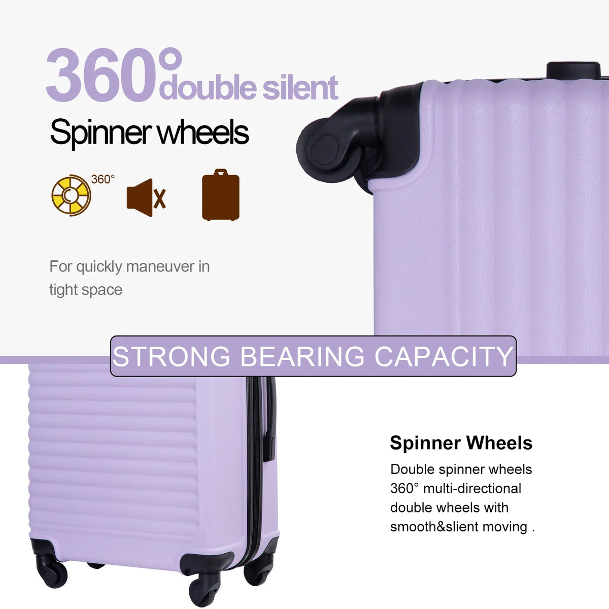 Close up of 360-degree silent spinner wheels on a purple hard shell travel suitcase