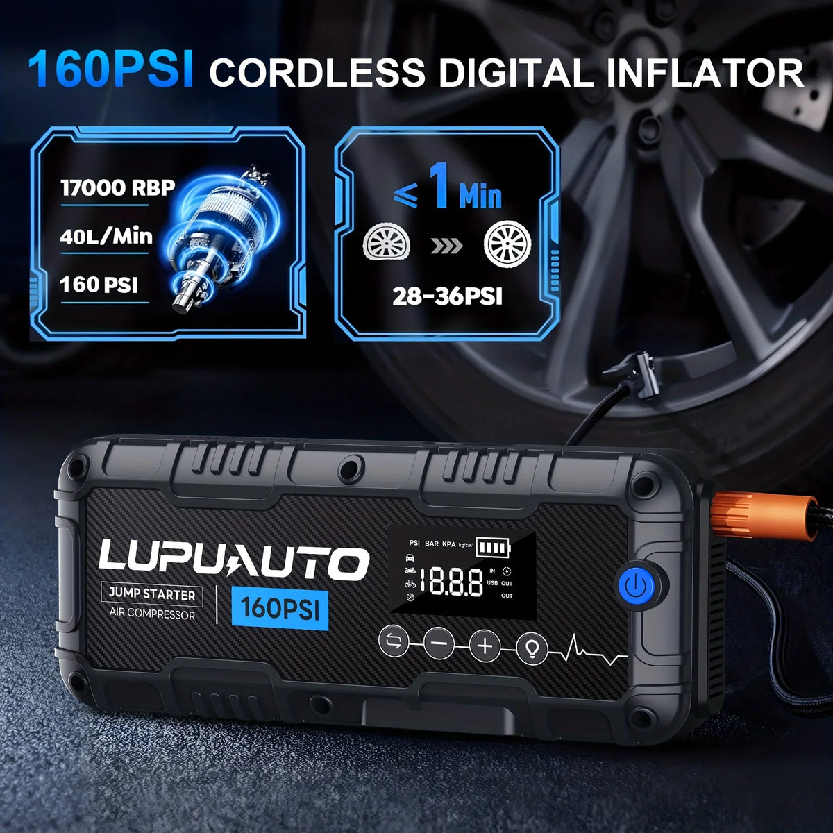 Portable digital air inflator for car tires with pressure settings display