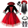 Red and black gothic vampire dress with matching accessories including rose veil, black rose, lace gloves and choker