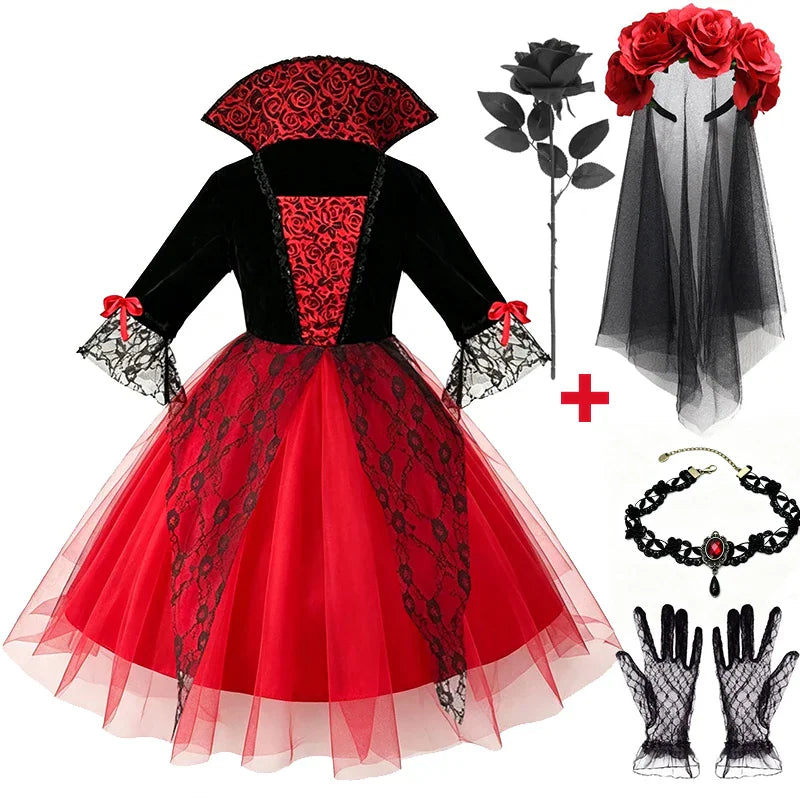 Red and black gothic vampire dress with matching accessories including rose veil, black rose, lace gloves and choker