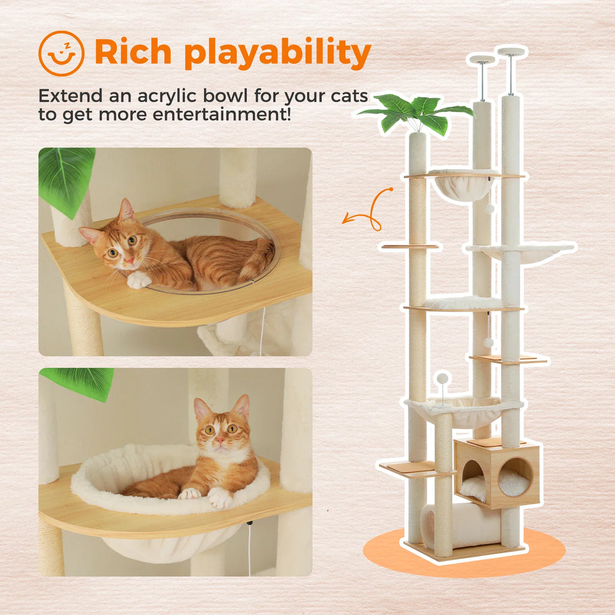 Detailed view of an acrylic cat bowl on a tall wooden cat tree platform with clear pet viewing.