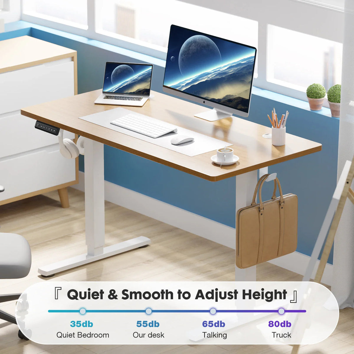 Electric standing desk in office setting with a graphic comparing noise levels