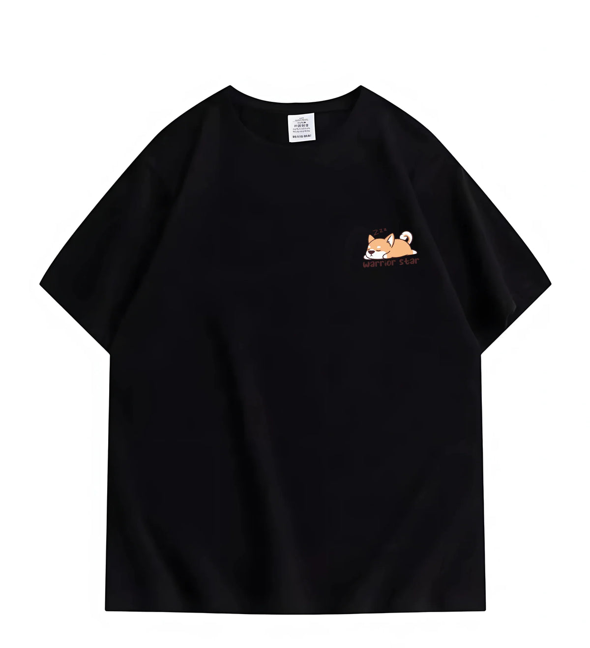 Black short-sleeved t-shirt with a small illustration of a sleeping Shiba Inu dog on the chest.