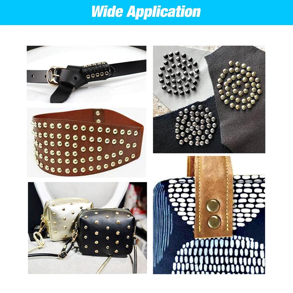Usage examples of metal rivets on belts, handbags, and clothing fabrics