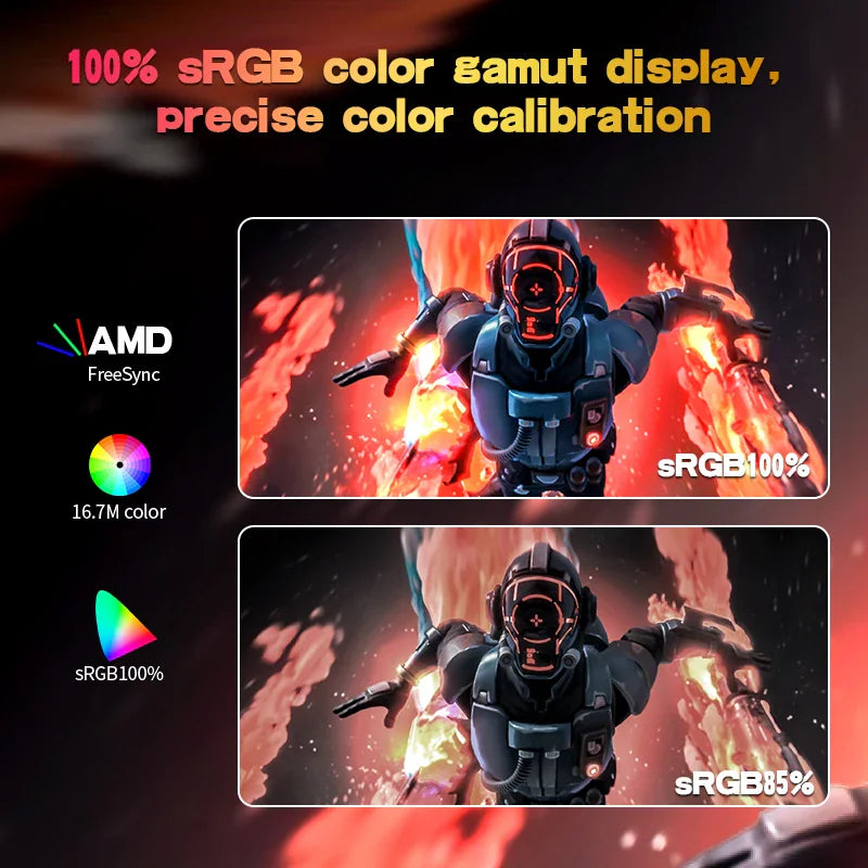 Curved gaming monitor showing 100% sRGB color gamut and precise calibration comparison