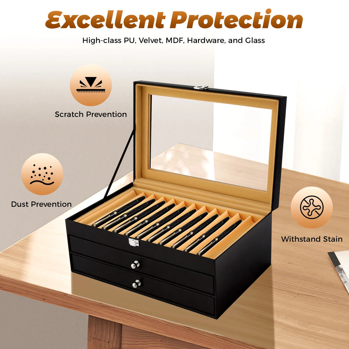 Black 36-slot pen display case with glass top, velvet lining, and two storage drawers.