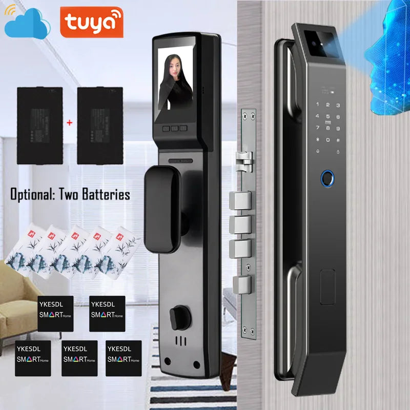 Smart door lock with camera and keypad, displaying dual battery option and face recognition technology features.