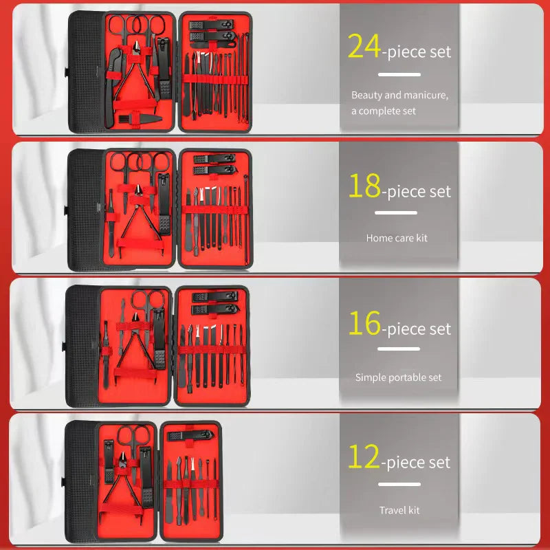 A product comparison chart showing various sets of manicure tools with different numbers of pieces included.