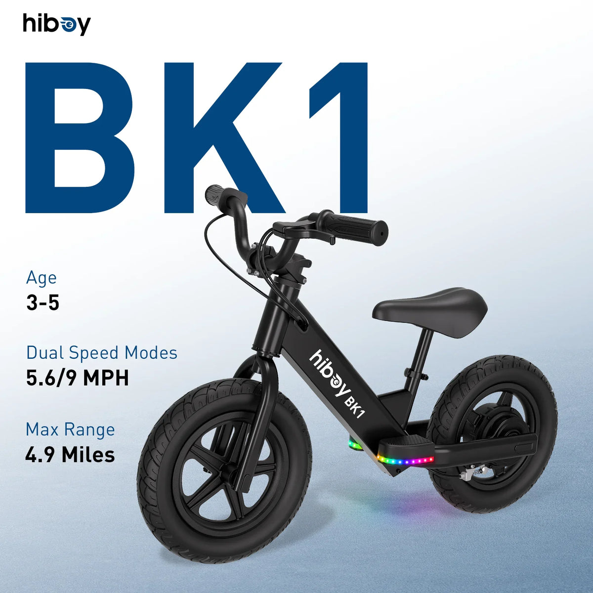 Black kids electric balance bike with LED lights on the frame and 12-inch tires