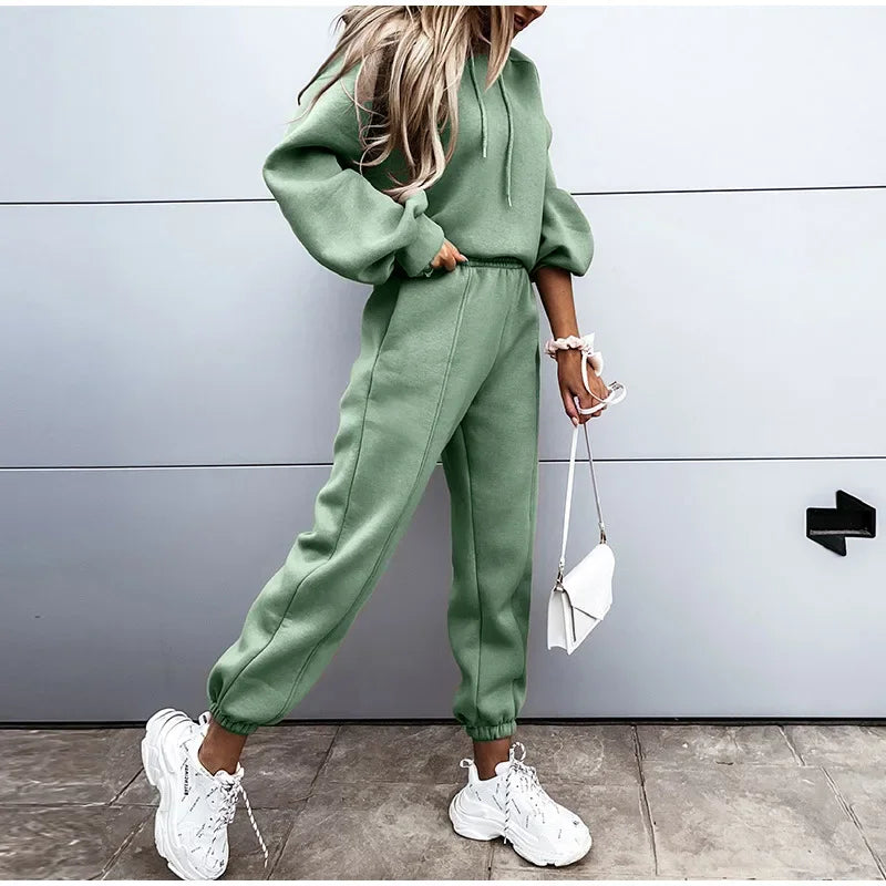 Sage green long sleeve hooded sweatshirt and matching jogger sweatpants set