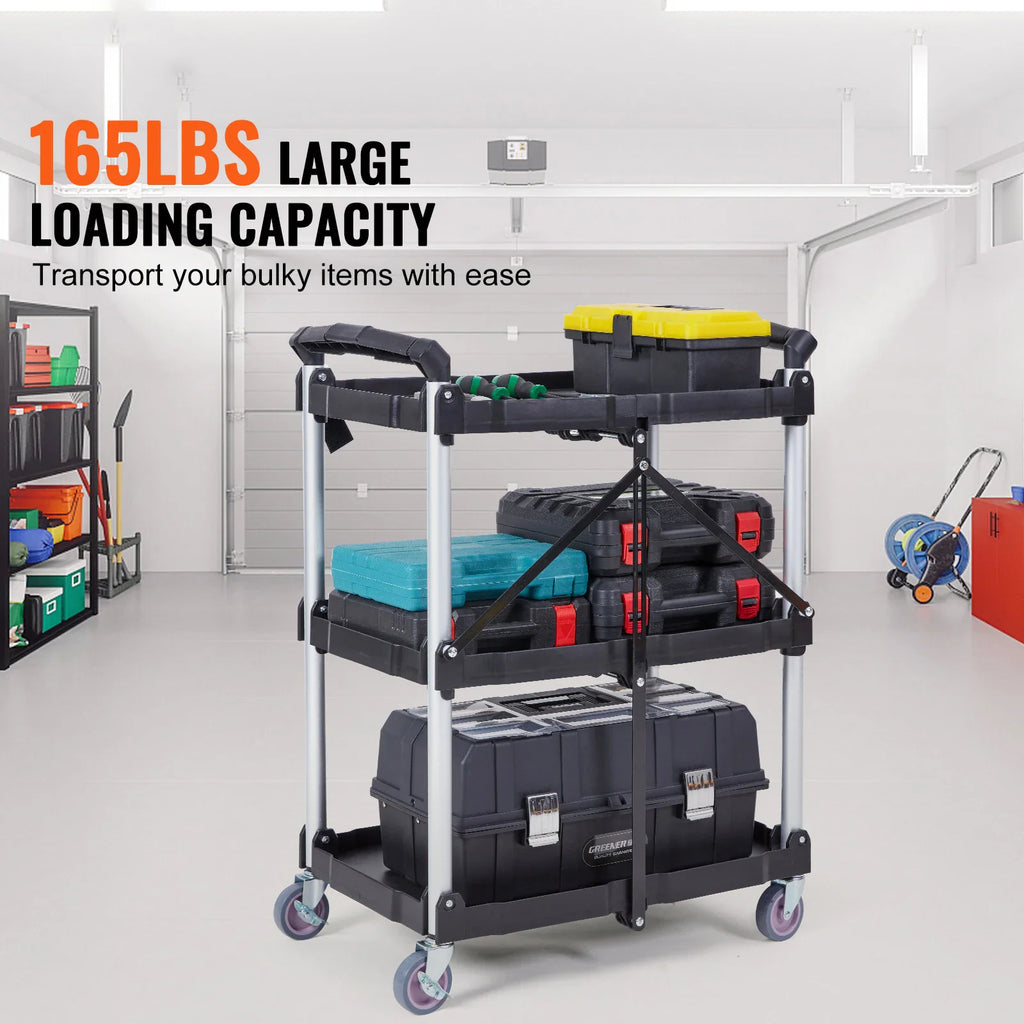 Black 3-tier utility cart loaded with tools, shown in a garage setting