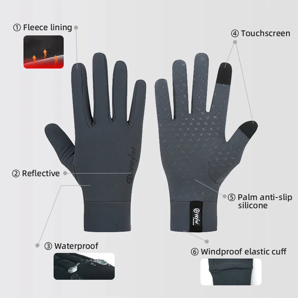 Detailed diagram of features on black cycling gloves including fleece lining, waterproof material, and touchscreen