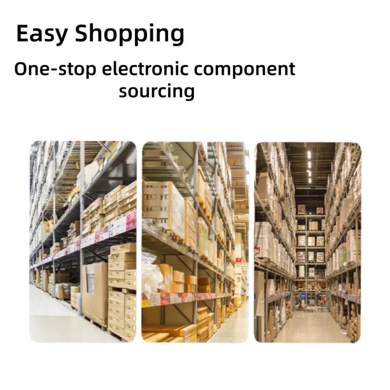 Graphic depicting warehouse aisles with storage boxes for one-stop electronic component sourcing.