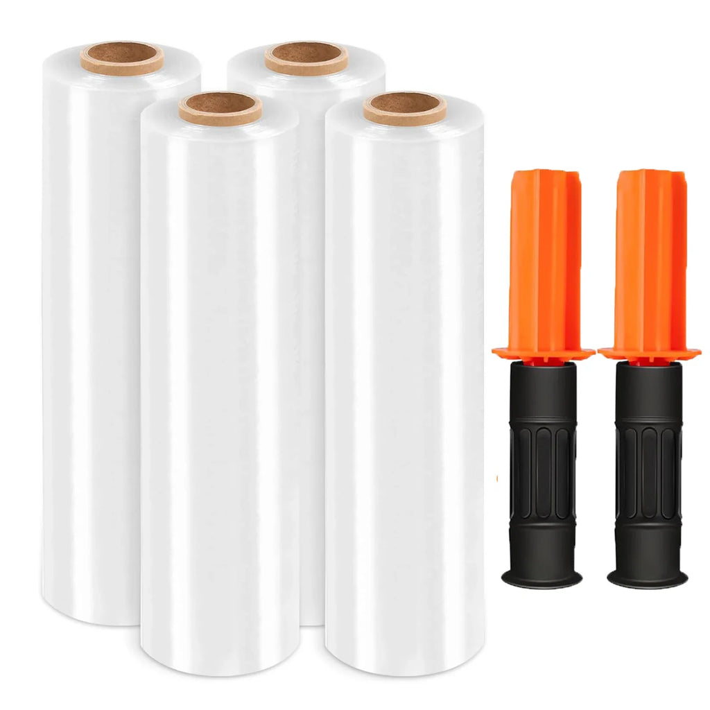 Four rolls of clear stretch film with two orange and black handheld dispensers