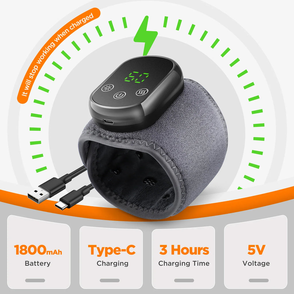 Electric wrist massager with USB-C charging cable and technical specifications for battery and voltage.