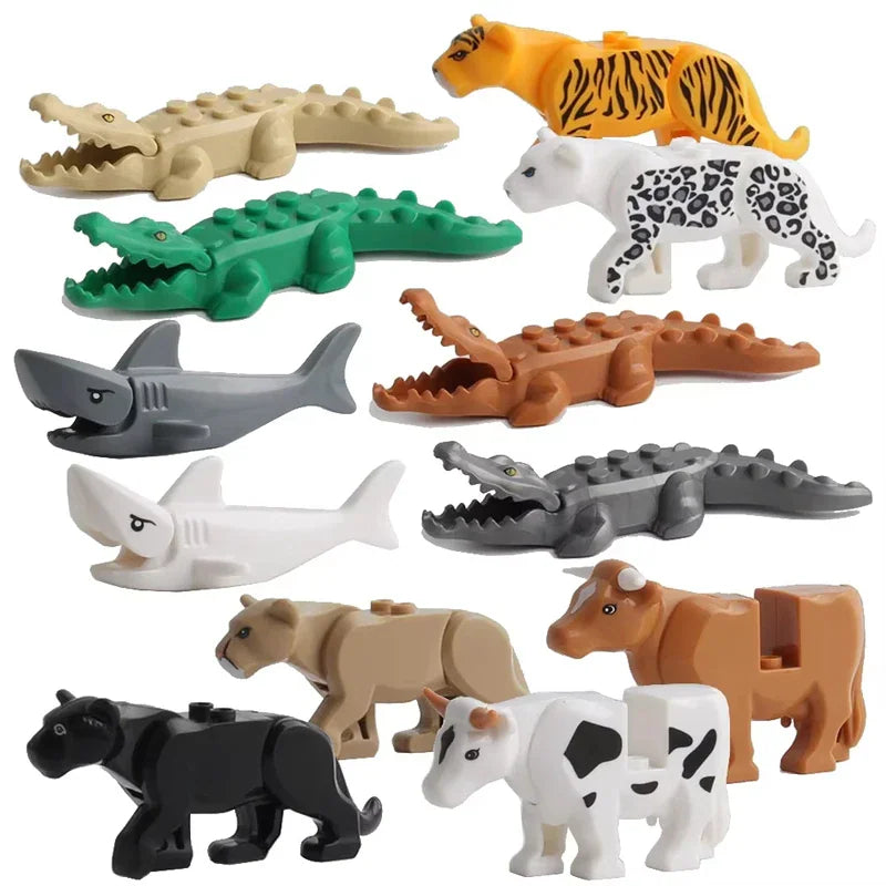 Set of various plastic toy animals including crocodiles, sharks, big cats, and cattle.