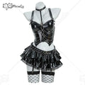 Gothic black shiny faux leather lingerie set featuring a corset top, mini skirt, necklace, and fishnet stockings on a