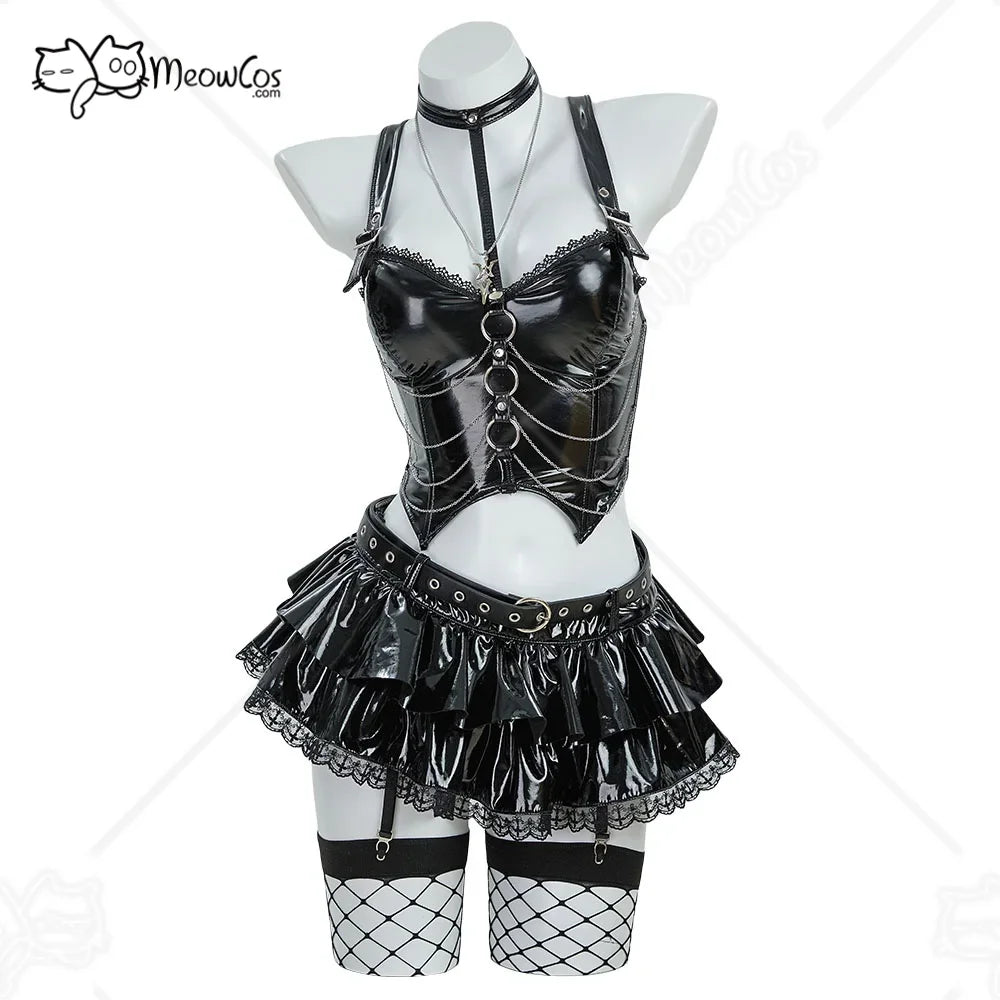 Gothic black shiny faux leather lingerie set featuring a corset top, mini skirt, necklace, and fishnet stockings on a