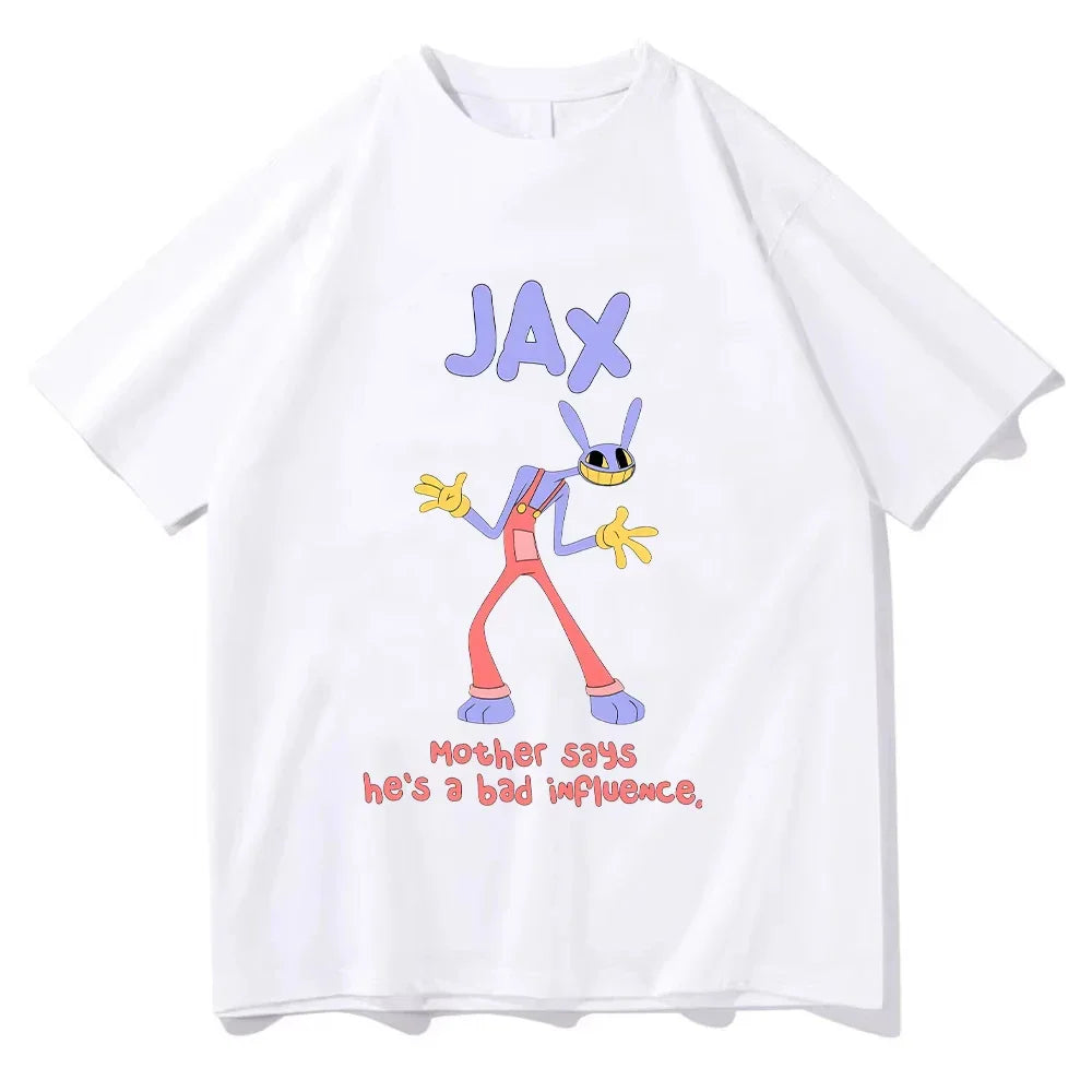 White short-sleeved cotton t-shirt with purple rabbit cartoon character graphic and text