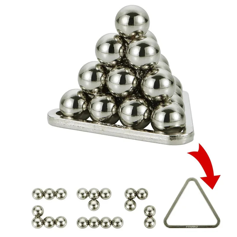 Pyramid-shaped metal ball puzzle with base and loose spheres