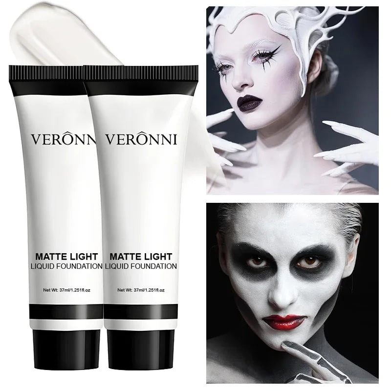 Two tubes of white liquid foundation shown next to people with stylized halloween face makeup.