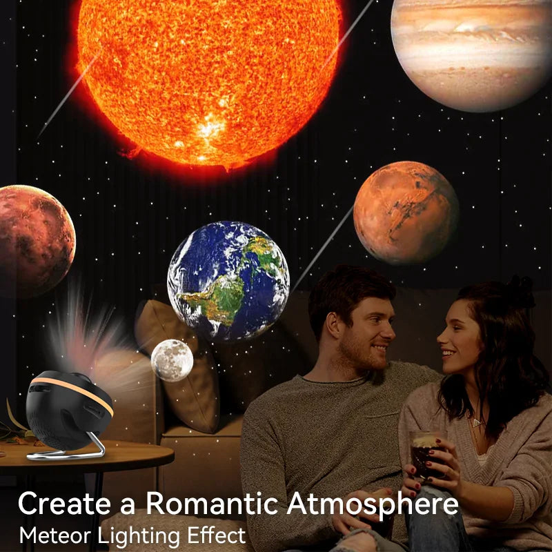 Couple sitting in a living room with a galaxy projector displaying planets and stars on the ceiling.