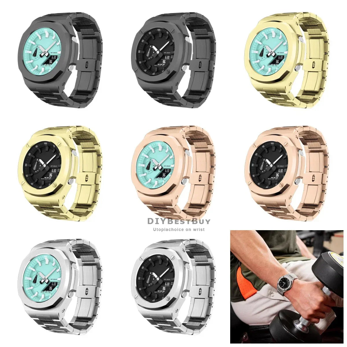 Collection of various metal watch bezel and strap modification kits in different colors
