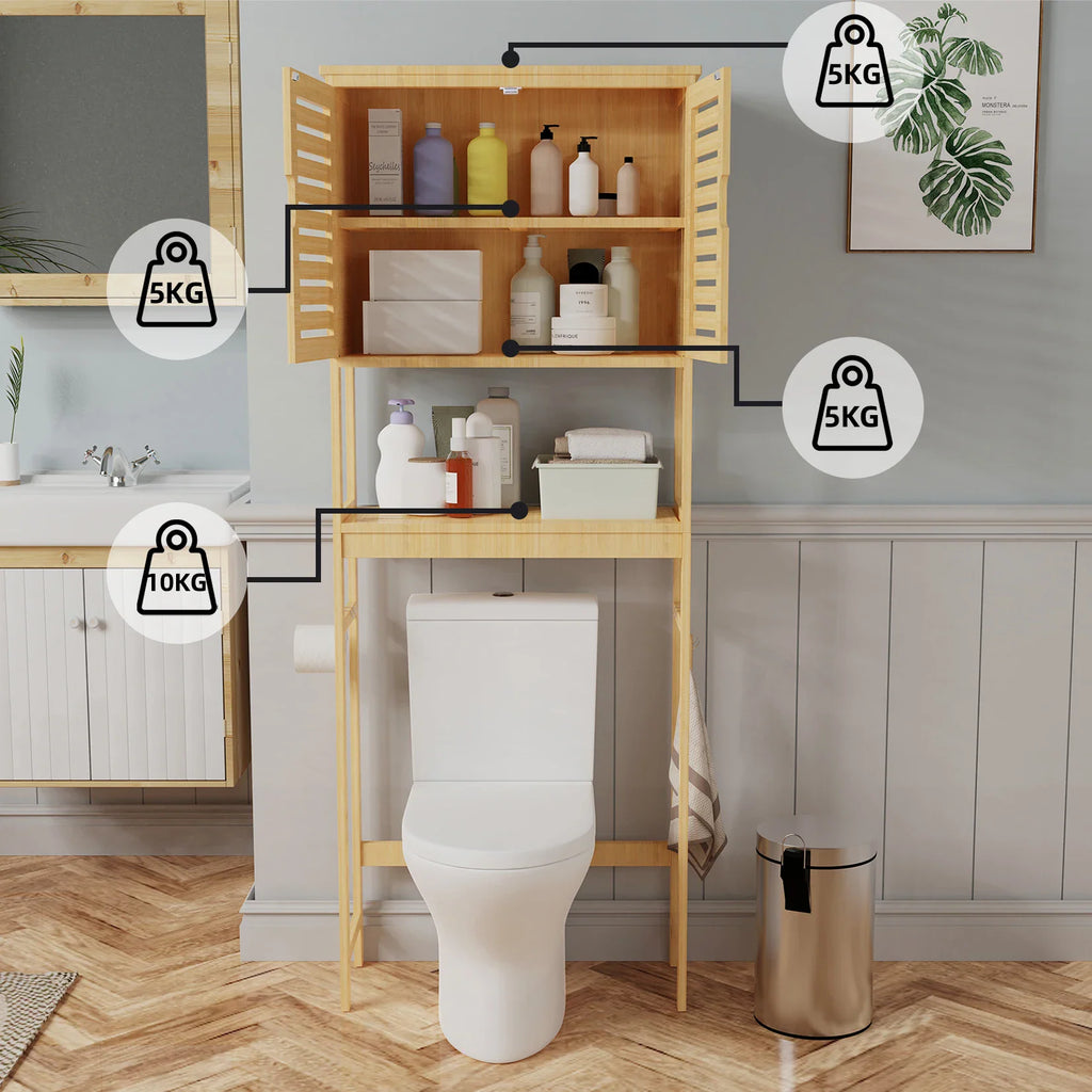 Bamboo over-the-toilet storage cabinet with overlaid weight capacity diagrams.