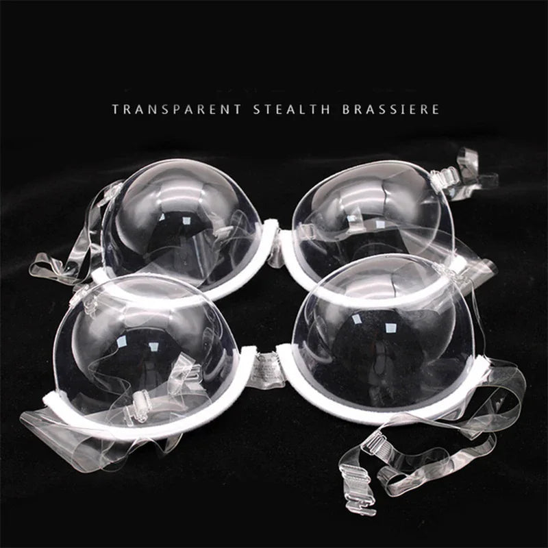 Transparent plastic bra with clear straps, shown in a four-piece set.
