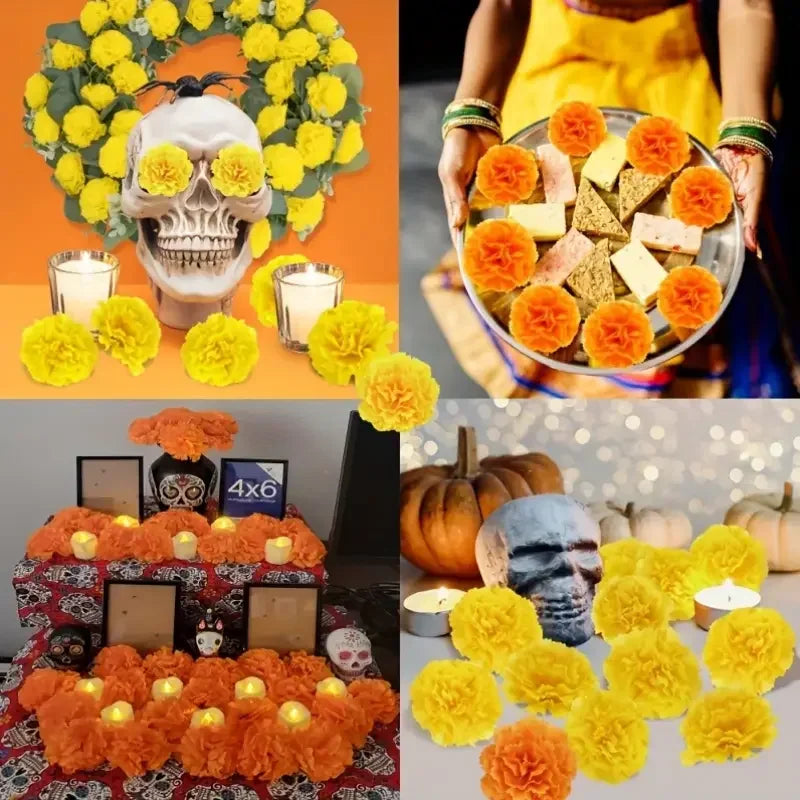 A collage showing skulls decorated with artificial marigold flowers and festive table settings