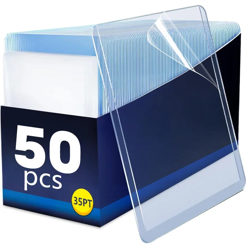 Set of 50 protective clear plastic card sleeves in packaging with 35pt thickness