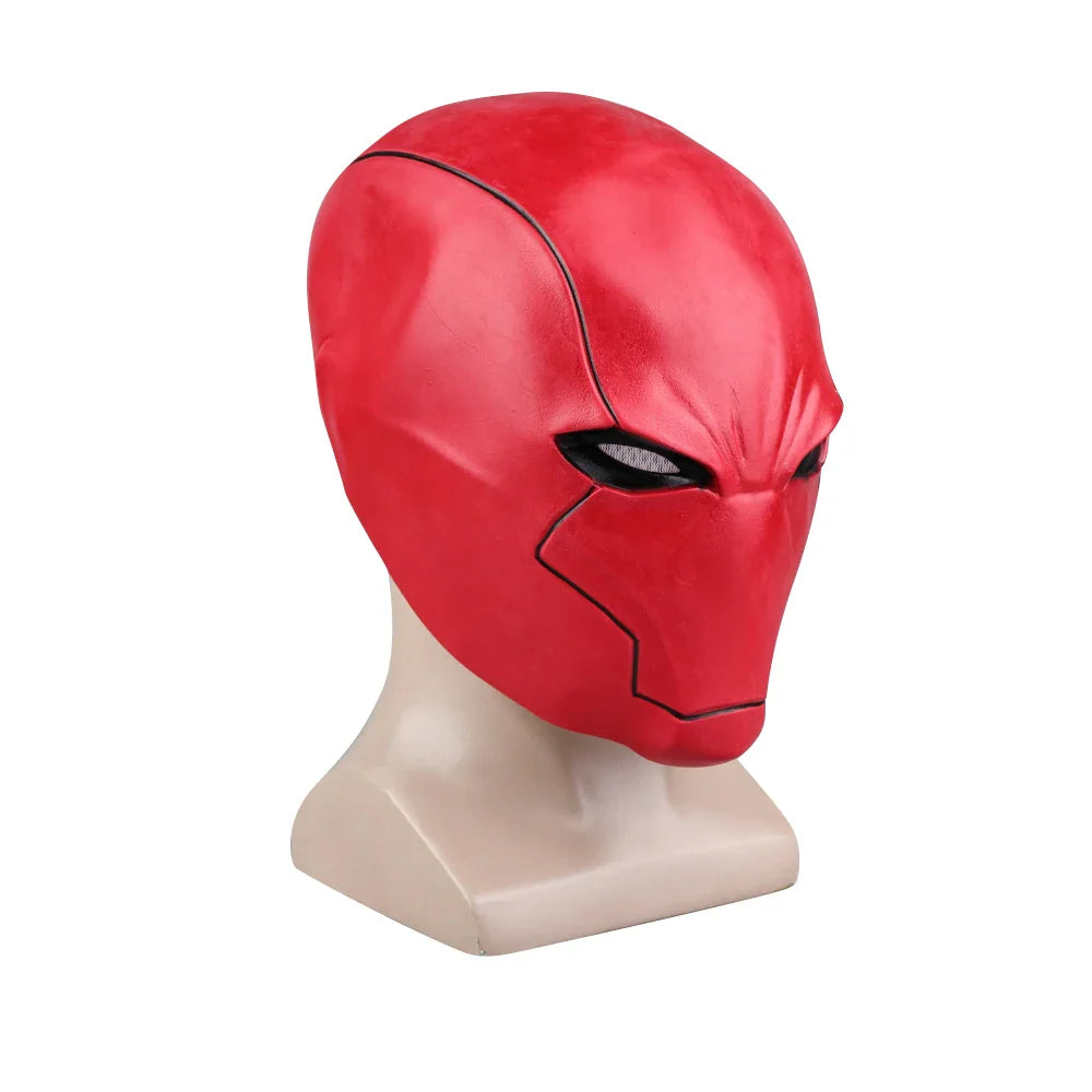 Three-quarter view of a red cosplay helmet mask on a mannequin head