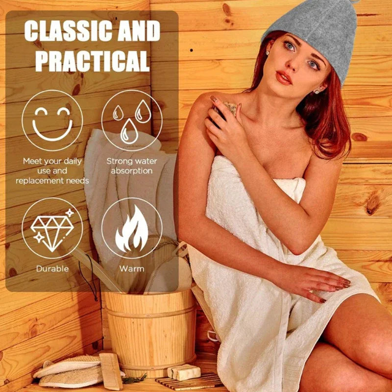 Woman wearing a grey felt sauna hat in a sauna room