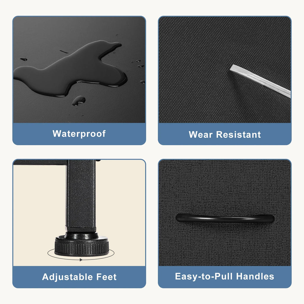 Close-up features of the dresser including waterproof top, wear-resistant fabric, adjustable feet, and handles.