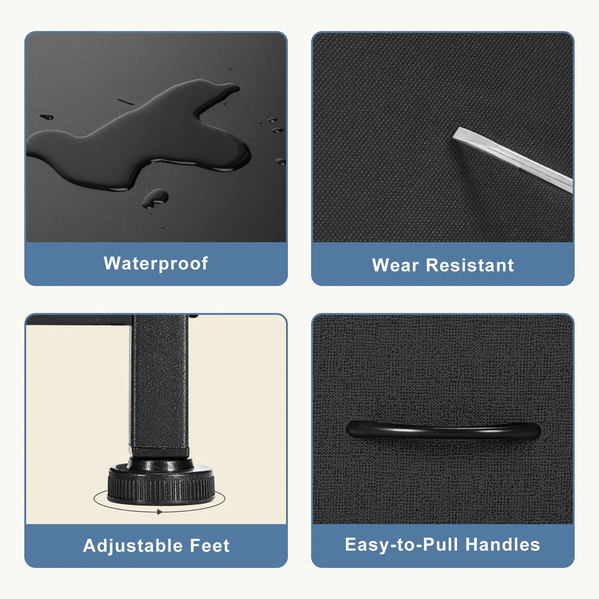 Close-up features of the dresser including waterproof top, wear-resistant fabric, adjustable feet, and handles.