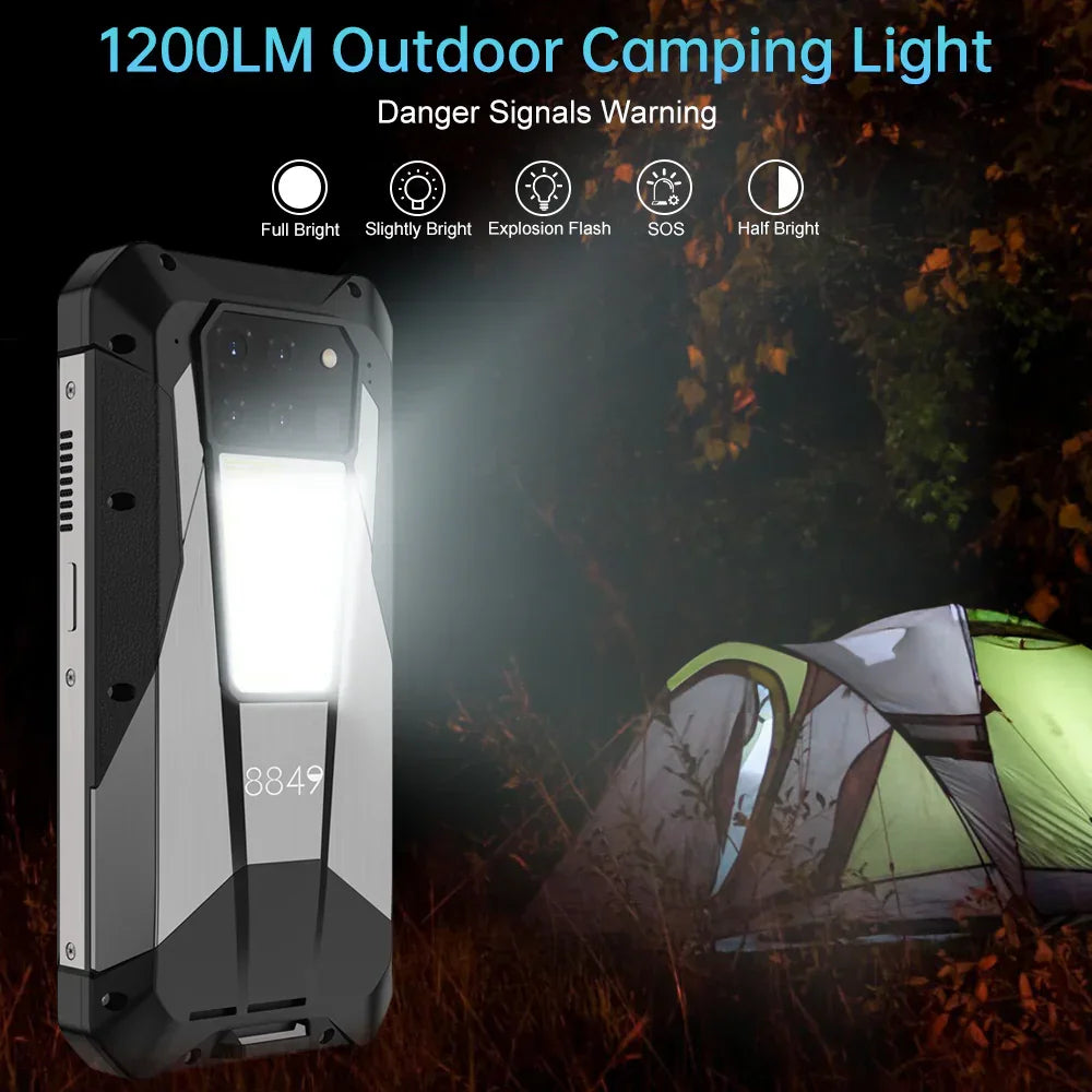 Rugged smartphone with bright LED outdoor camping light feature, shown at night near a tent.