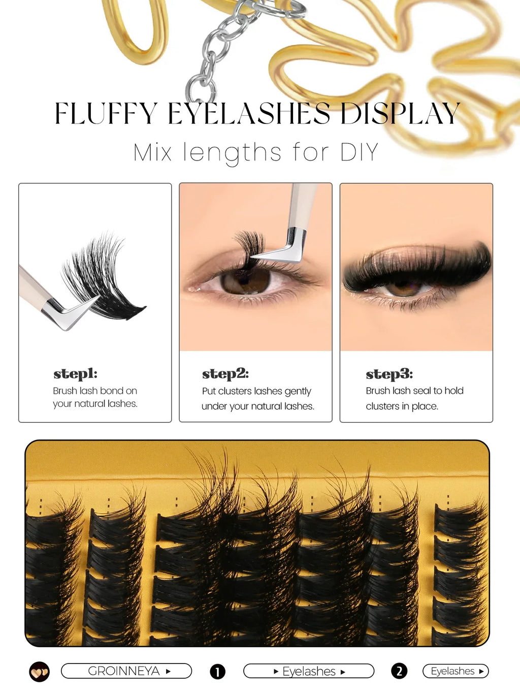 Instructional guide for applying DIY cluster eyelash extensions in three steps.