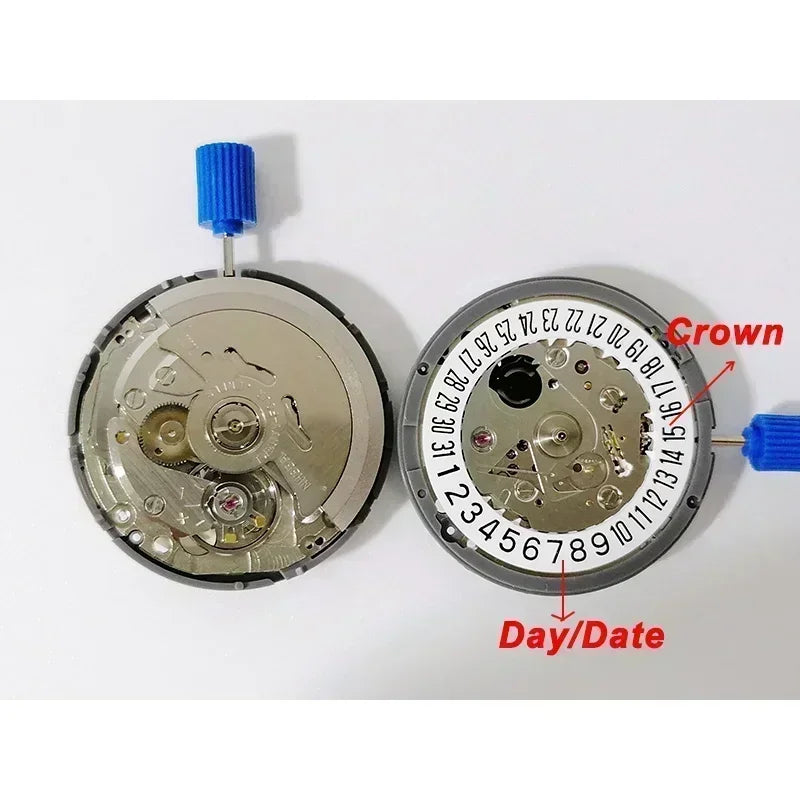 Side-by-side mechanical watch movements showing date wheel and automatic rotor