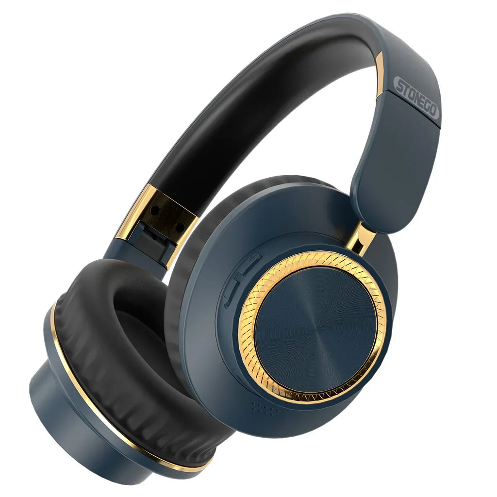 Dark blue over-ear wireless headphones with gold accents.