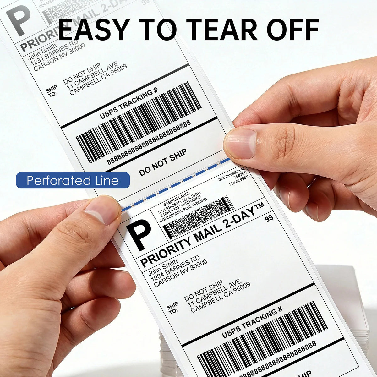 Hands demonstrating how to tear off a white thermal shipping label along the perforated line.