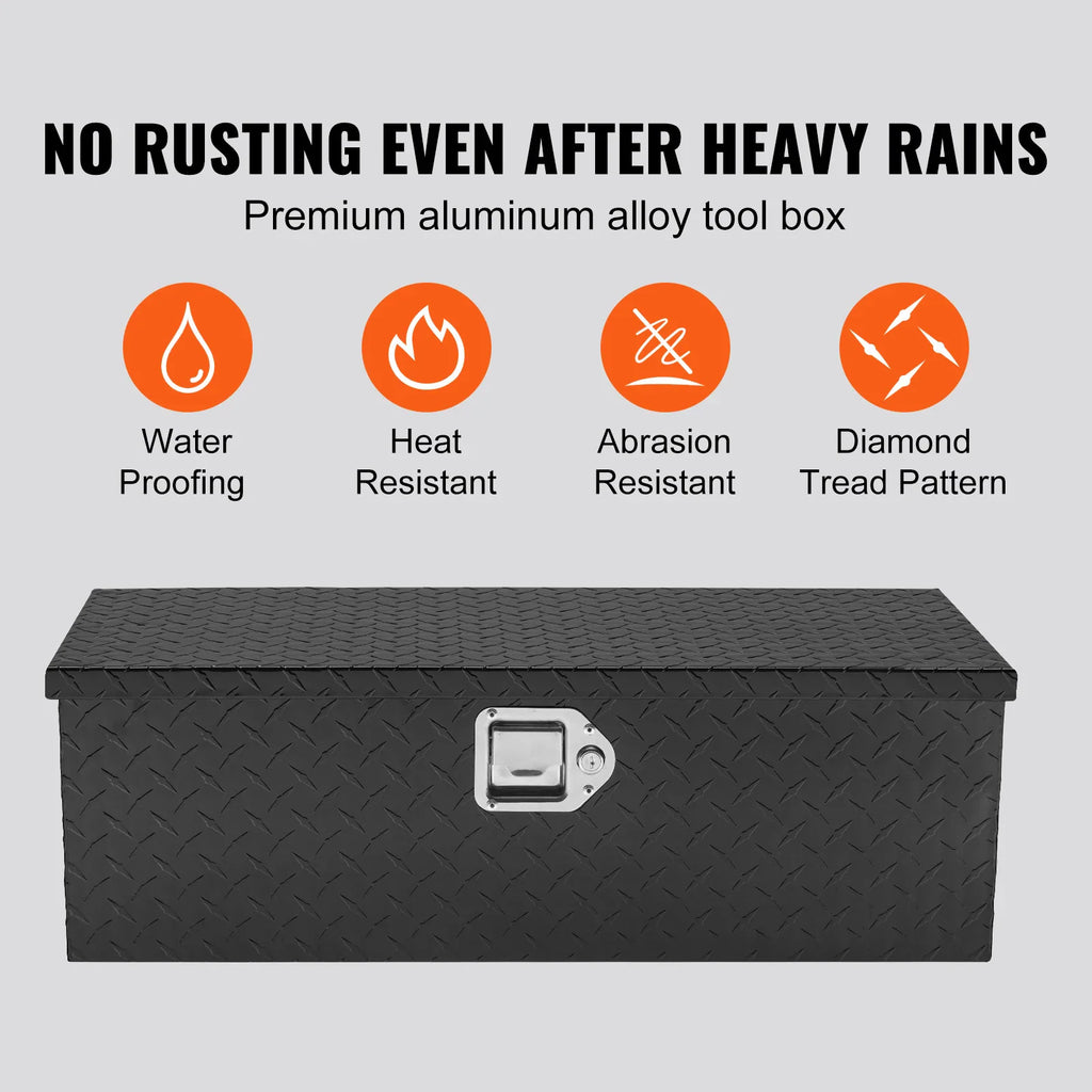 Black aluminum tool box featuring a diamond tread pattern with labels for water, heat, and abrasion resistance