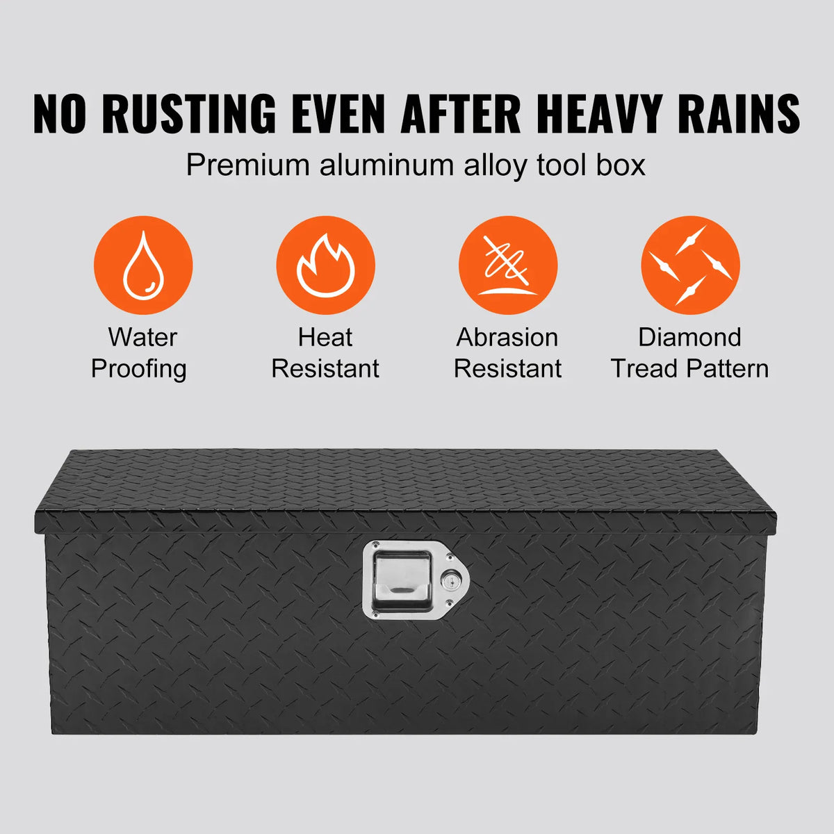 Black aluminum tool box featuring a diamond tread pattern with labels for water, heat, and abrasion resistance