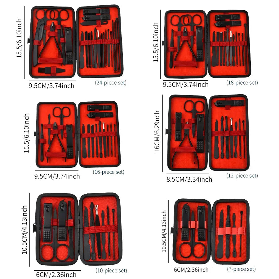 A size guide chart displaying measurements for several different manicure tool kit configurations.