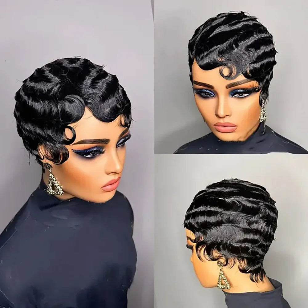 Collage of different angles of a short black finger wave pixie cut wig on a mannequin head.